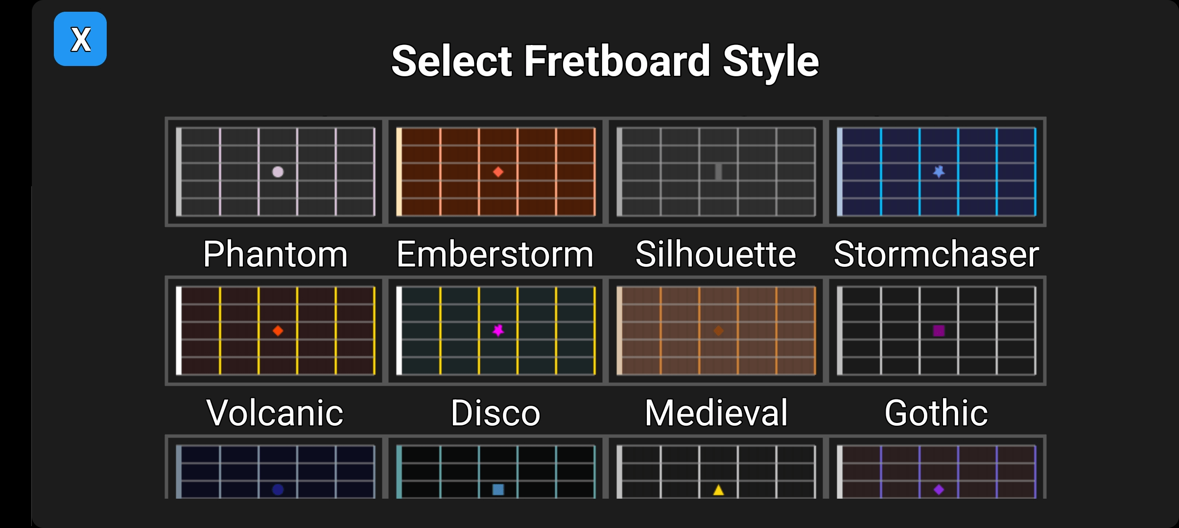 Different visual fretboard styles in the guitar app